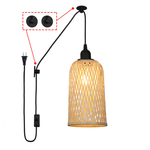 Plug in Cord Ceiling Woven Bamboo Pendant Wicker Lamp for Kitchen Island
