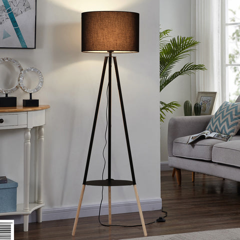 Wooden Tripod Floor Lamp - with Storage Shelf