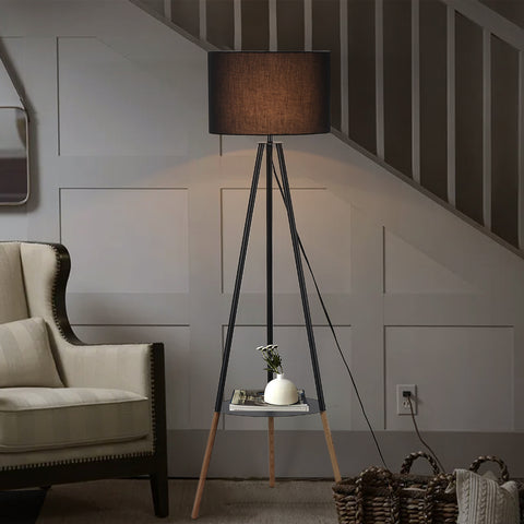 Wooden Tripod Floor Lamp - with Storage Shelf