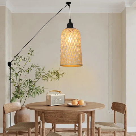 Plug in Cord Ceiling Woven Bamboo Pendant Wicker Lamp for Kitchen Island