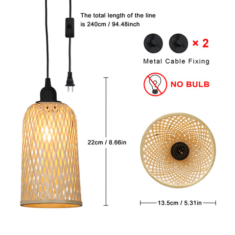 Plug in Cord Ceiling Woven Bamboo Pendant Wicker Lamp for Kitchen Island