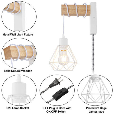 Modern Plug in Wire Wood Cage Wall Lamp Industrial Rustic Lift Pipe