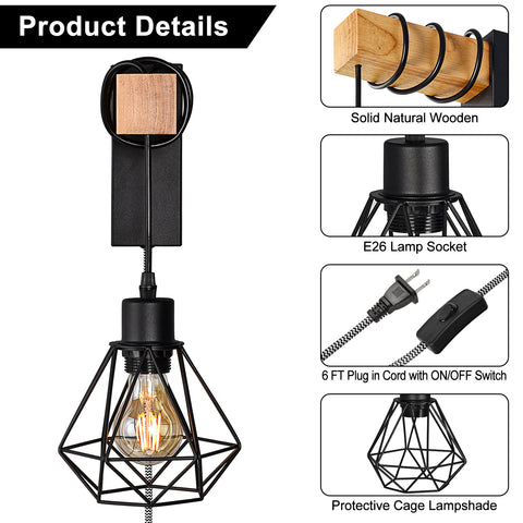 Modern Plug in Wire Wood Cage Wall Lamp Industrial Rustic Lift Pipe