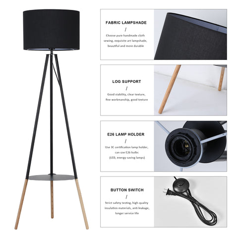 Wooden Tripod Floor Lamp - with Storage Shelf