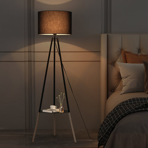 Wooden Tripod Floor Lamp - with Storage Shelf