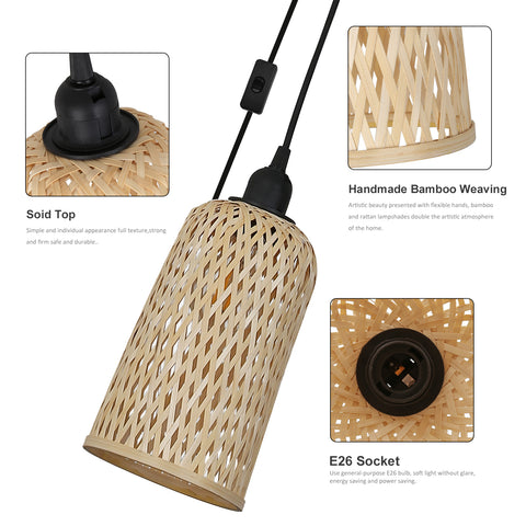 Plug in Cord Ceiling Woven Bamboo Pendant Wicker Lamp for Kitchen Island