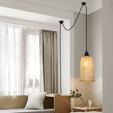 Plug in Cord Ceiling Woven Bamboo Pendant Wicker Lamp for Kitchen Island