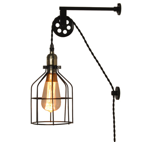 Industrial Plug in Cage Wall Lamp Lift Pipe Pulley - Adjustable Fixture with Cord