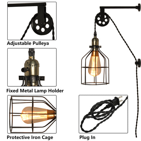 Industrial Plug in Cage Wall Lamp Lift Pipe Pulley - Adjustable Fixture with Cord