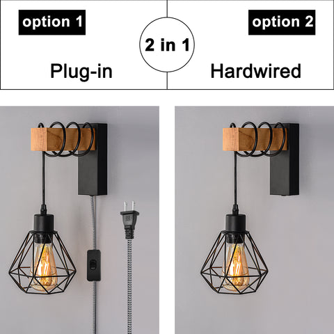 Modern Plug in Wire Wood Cage Wall Lamp Industrial Rustic Lift Pipe