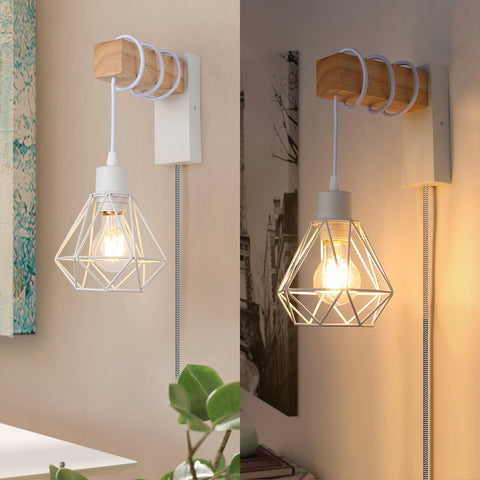 Modern Plug in Wire Wood Cage Wall Lamp Industrial Rustic Lift Pipe