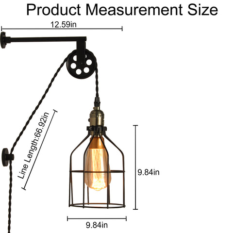 Industrial Plug in Cage Wall Lamp Lift Pipe Pulley - Adjustable Fixture with Cord