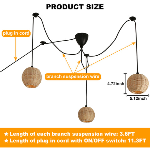 Creative Farmhouse 3 Light Rattan Chandelier with Plug in Cord