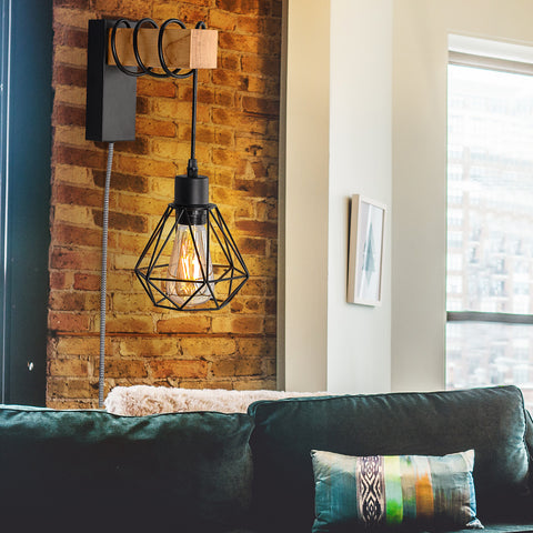 Modern Plug in Wire Wood Cage Wall Lamp Industrial Rustic Lift Pipe