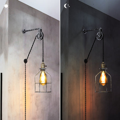 Industrial Plug in Cage Wall Lamp Lift Pipe Pulley - Adjustable Fixture with Cord