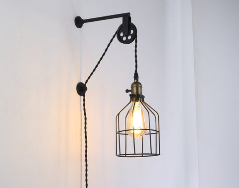 Industrial Plug in Cage Wall Lamp Lift Pipe Pulley - Adjustable Fixture with Cord