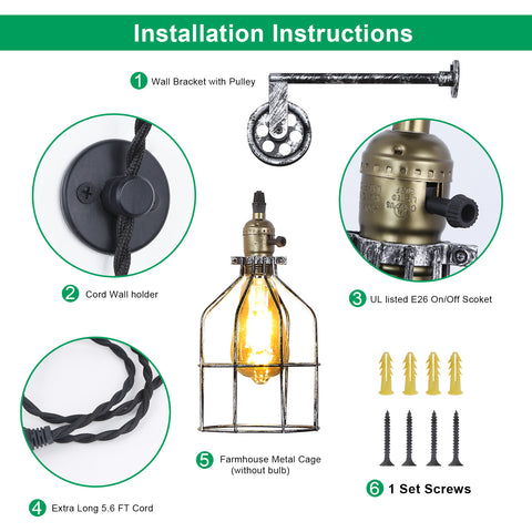 Industrial Plug in Cage Wall Lamp Lift Pipe Pulley - Adjustable Fixture with Cord